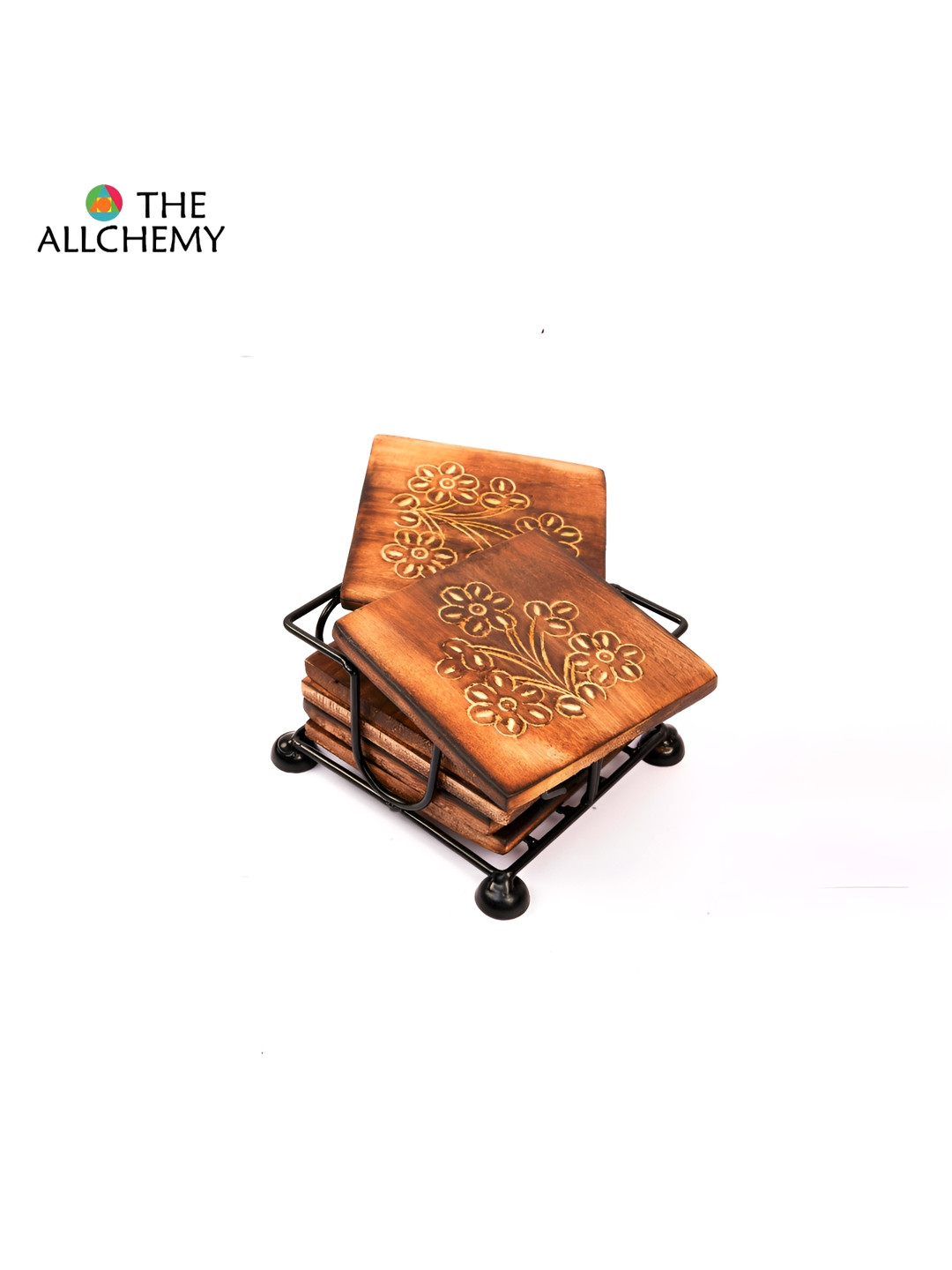 

THE ALLCHEMY Brown 6 Pieces Floral Textured Wooden Square Shaped Coasters With Stand