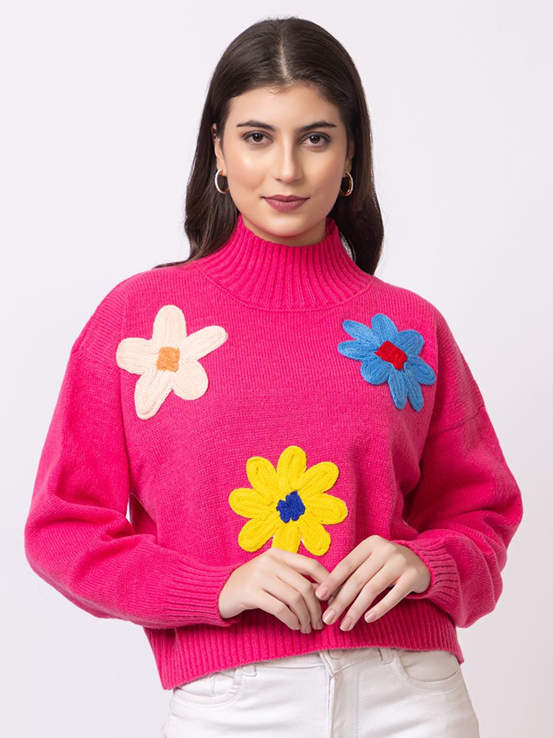 

GFO Women Applique Floral Woollen Sweater, Pink