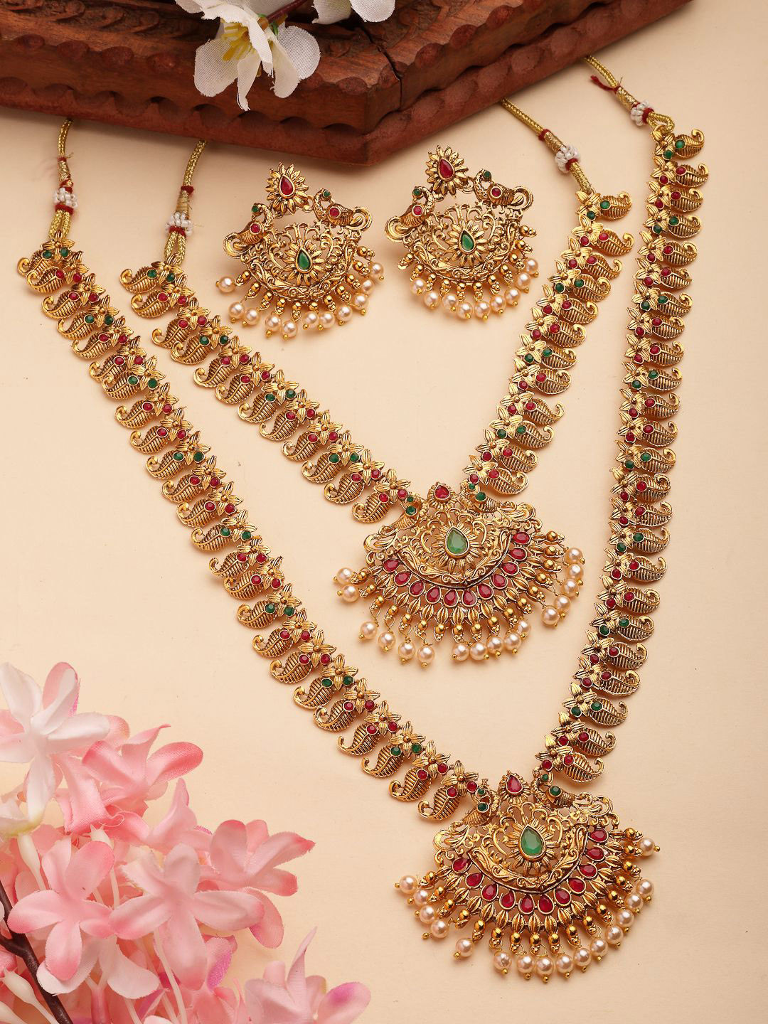 

NVR Gold-Plated Stone-Studded & Beaded Peacock Design Temple Jewellery Set