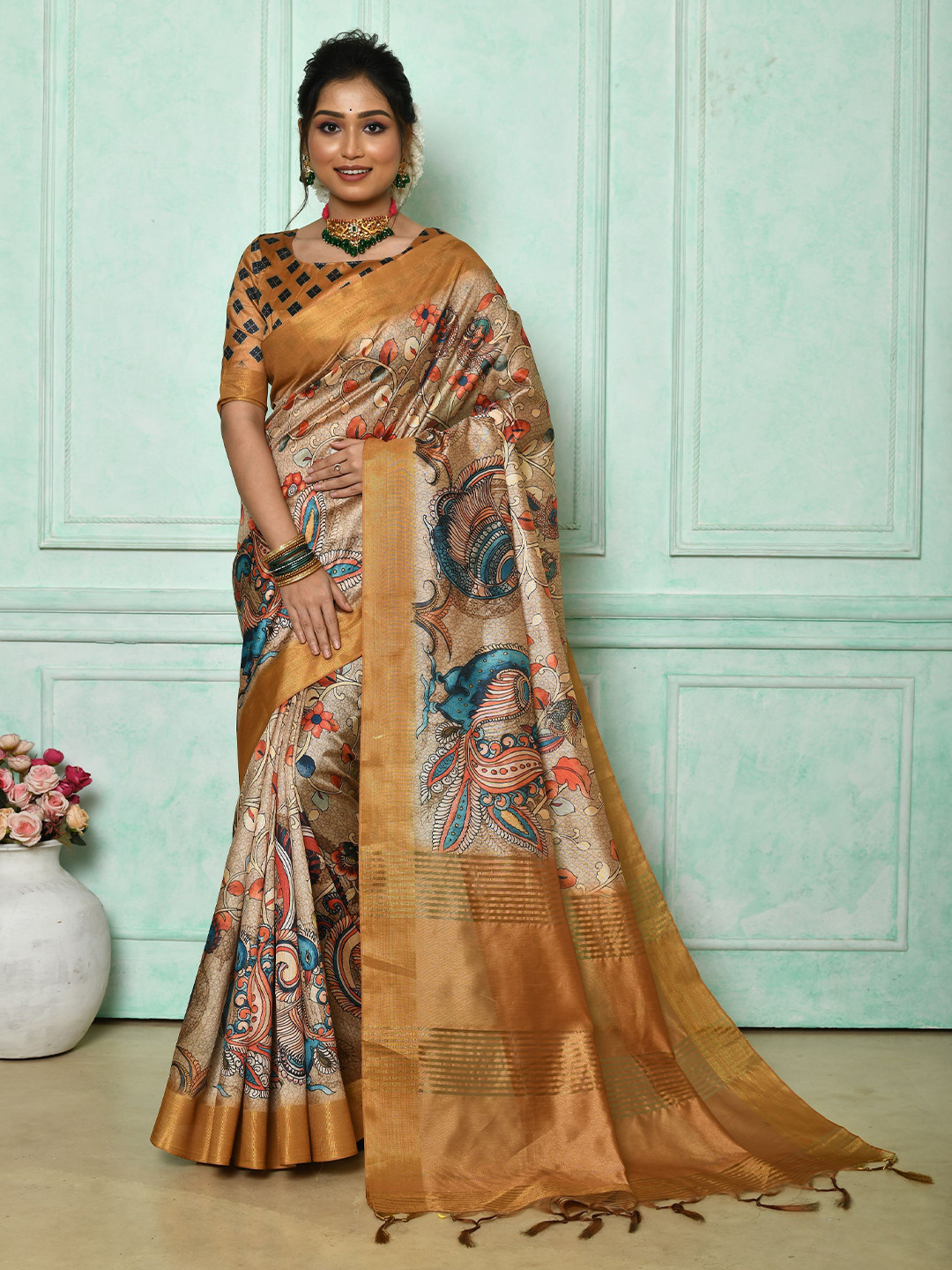 

Kandora Kalamkari Zari Pure Silk Tussar Saree, Yellow
