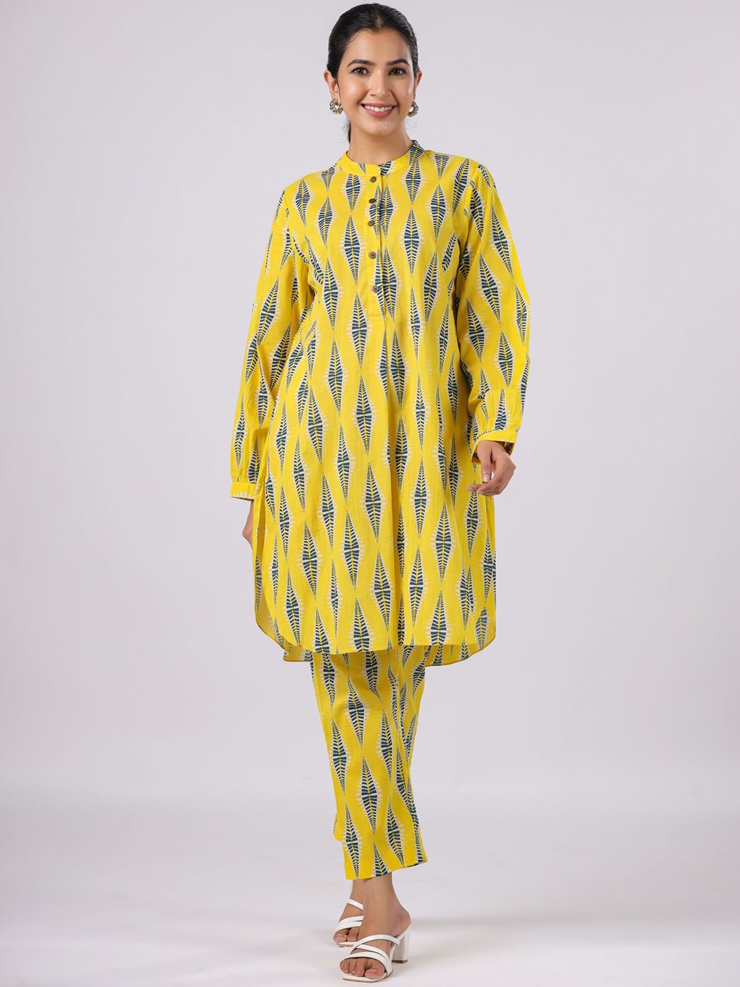 

JAIPURRANG Printed Pure Cotton Tunic With Trousers Co-Ords, Yellow