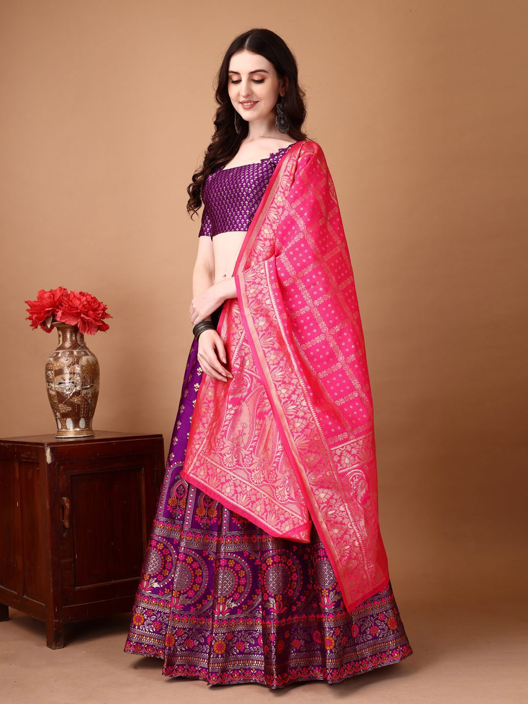 

SWAMI STUDIO Ready to Wear Lehenga & Unstitched Blouse With Dupatta, Purple