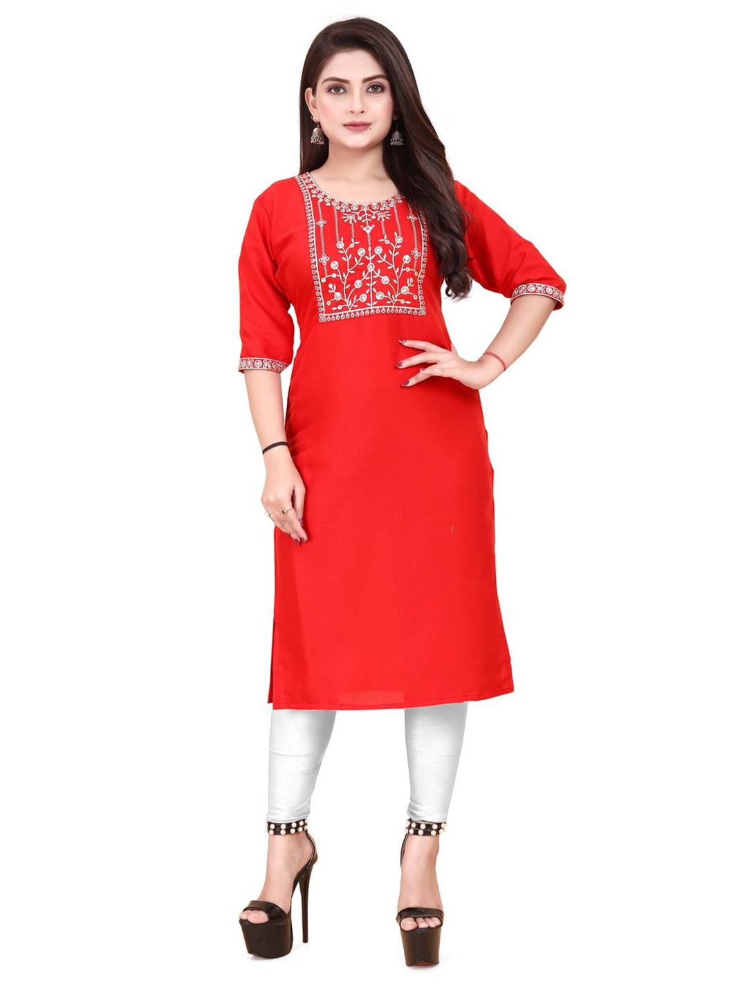 

AKK ENTERPRISE Ethnic Motifs Embroidered Straight Kurta, Red