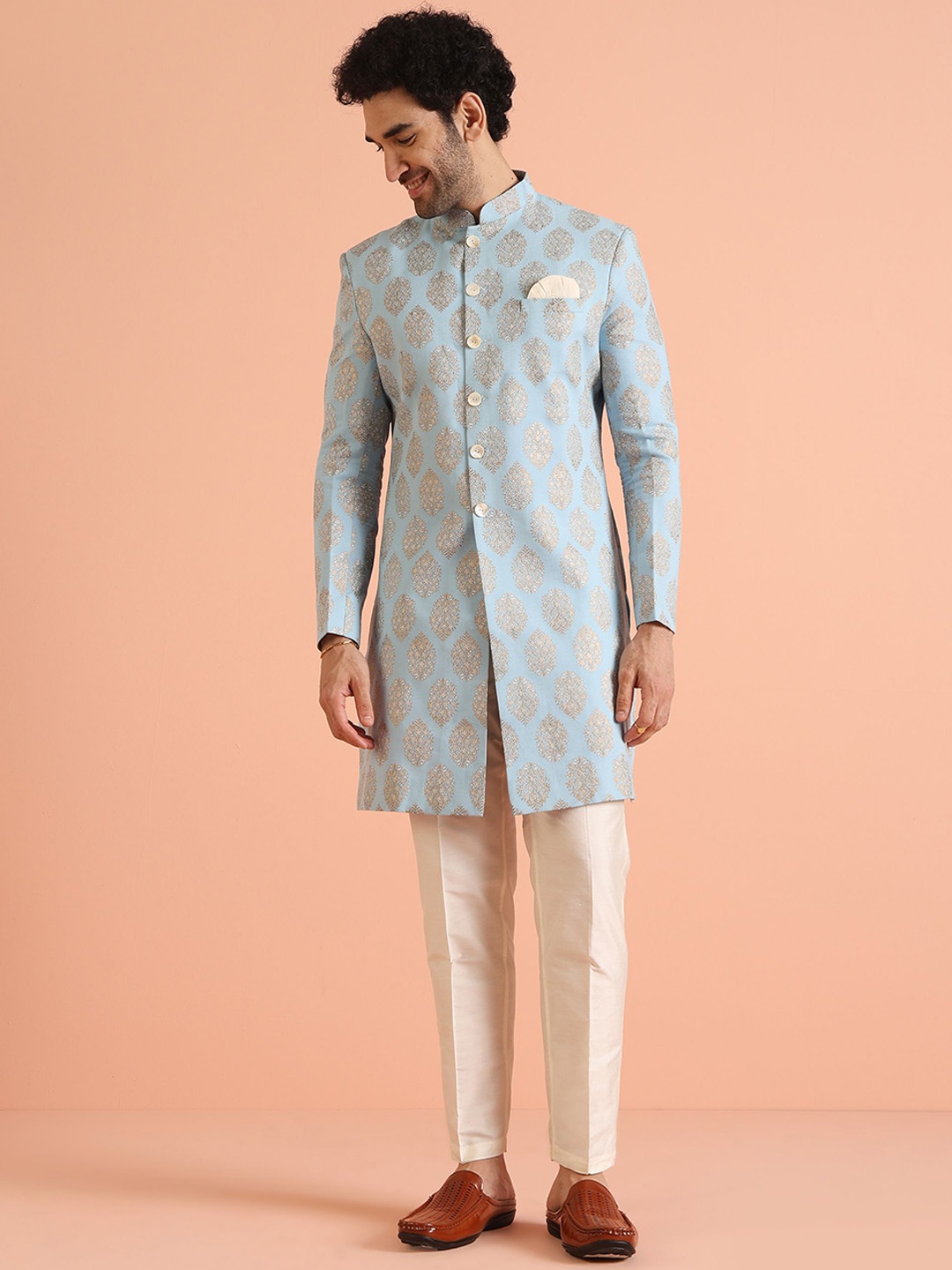 

KISAH Printed Indowestern Sherwani Set, Blue