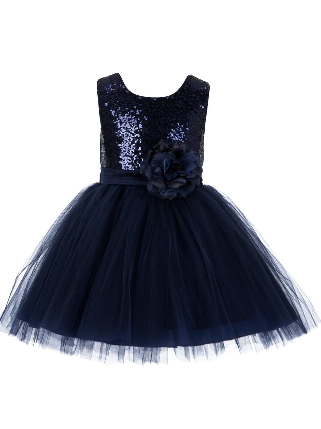 

Wish little Solid Round Neck Fit and Flare Dress, Navy blue