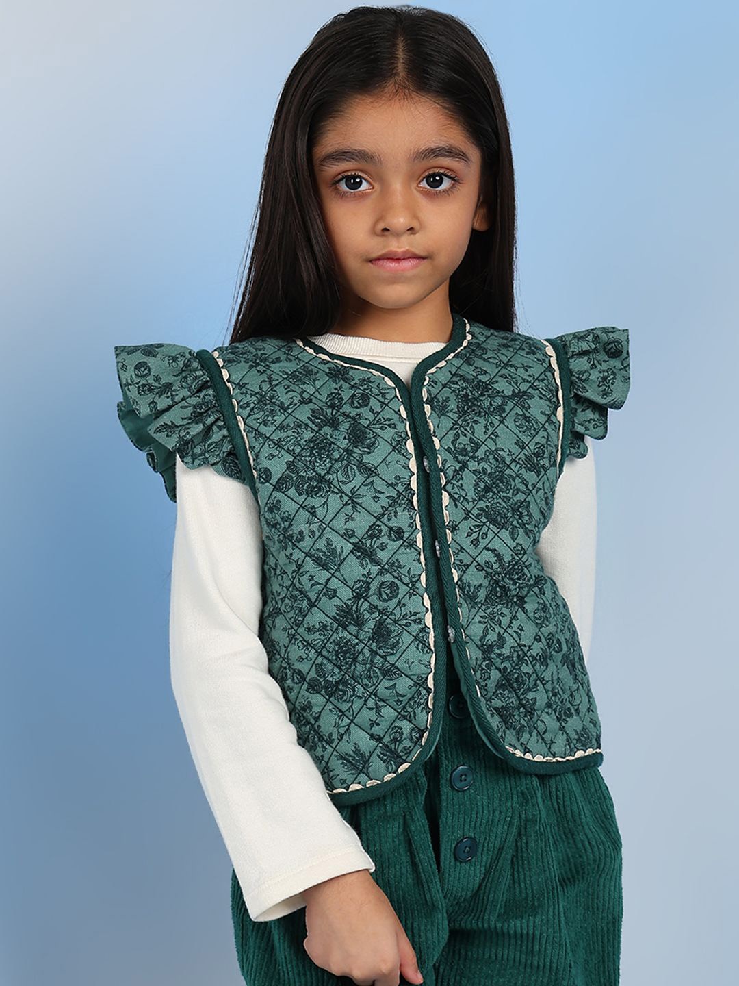 

The Tribe Kids Girls Floral Printed Sleeveless Cotton Waistcoat, Green