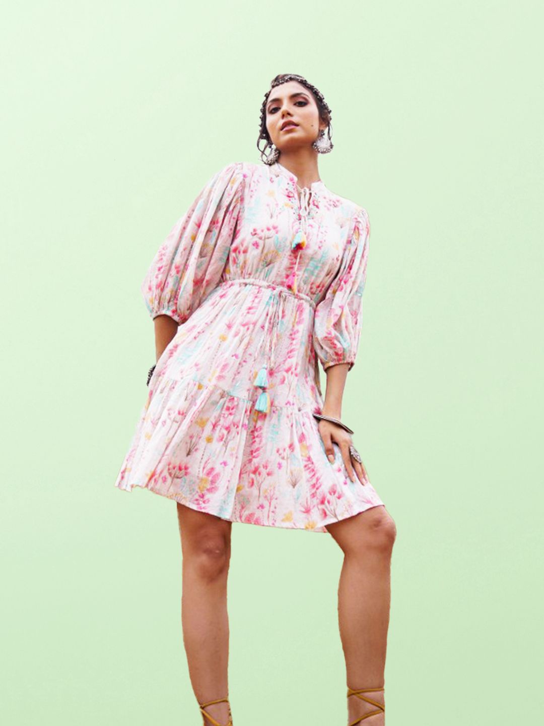 

CUSTARD Floral Print Puff Sleeve Cotton Fit & Flare Dress, Off white