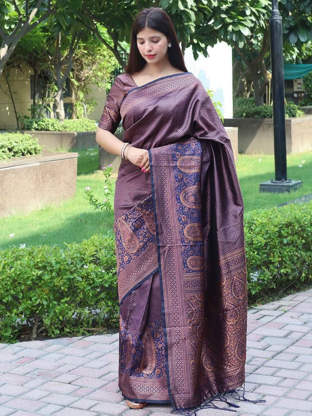 

QENY Ethnic Motifs Zari Traditional Banarasi Saree, Blue