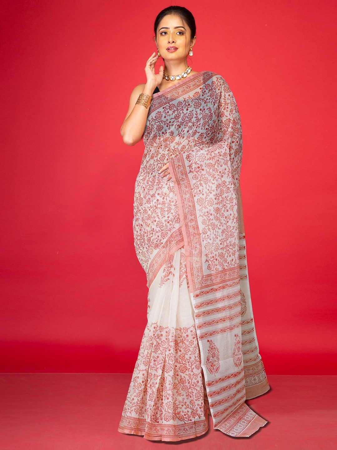 

Unnati Silks Ethnic Motifs Net Handloom Block Print Saree, Cream