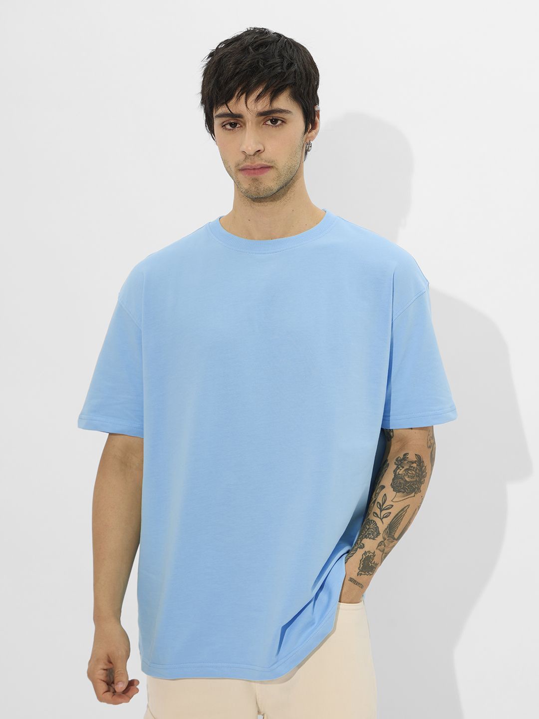 

The Souled Store Men Solid Round Neck Cotton Oversized T-shirt, Blue