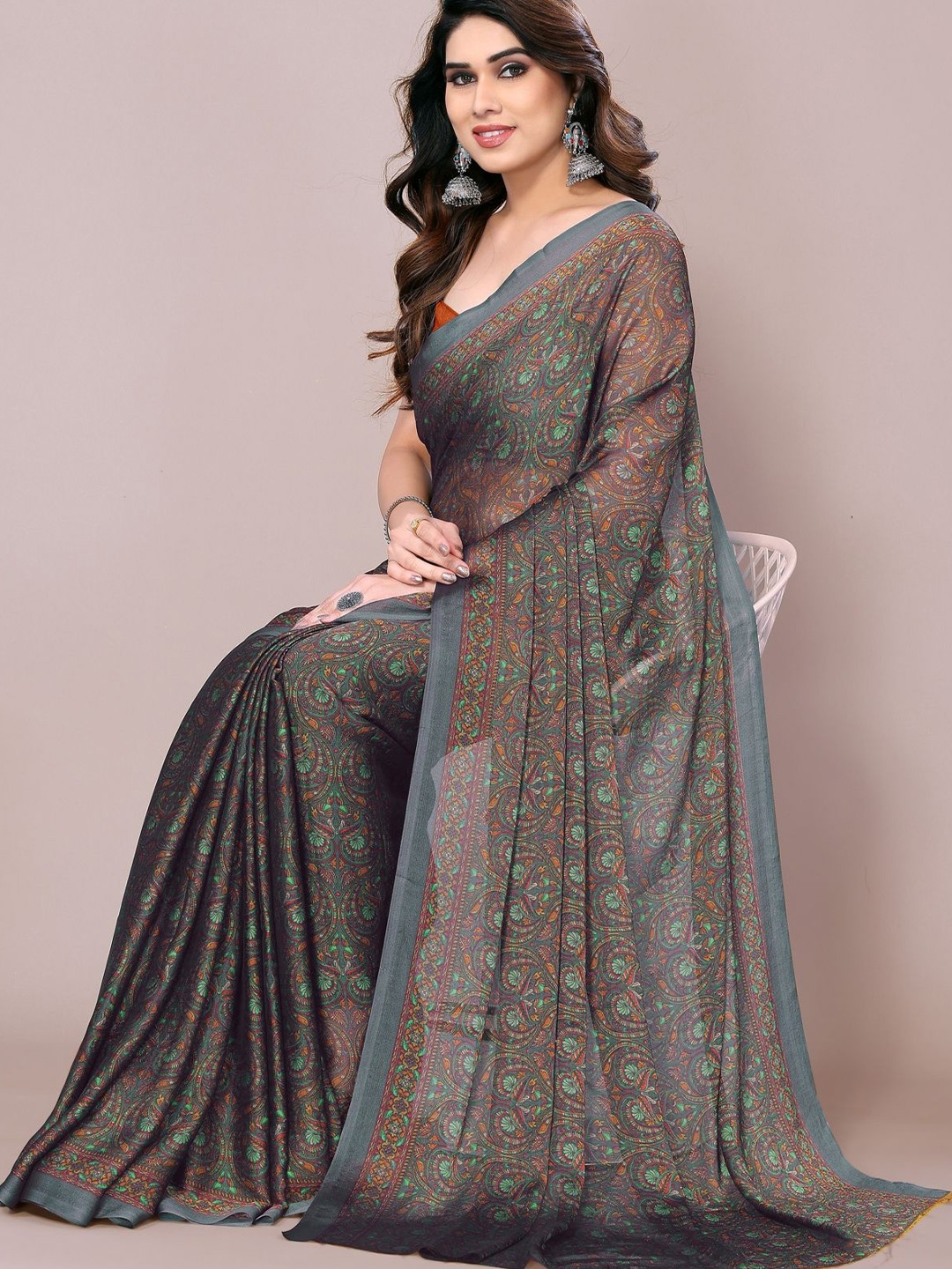 

KALINI Kalamkari Printed Saree, Grey