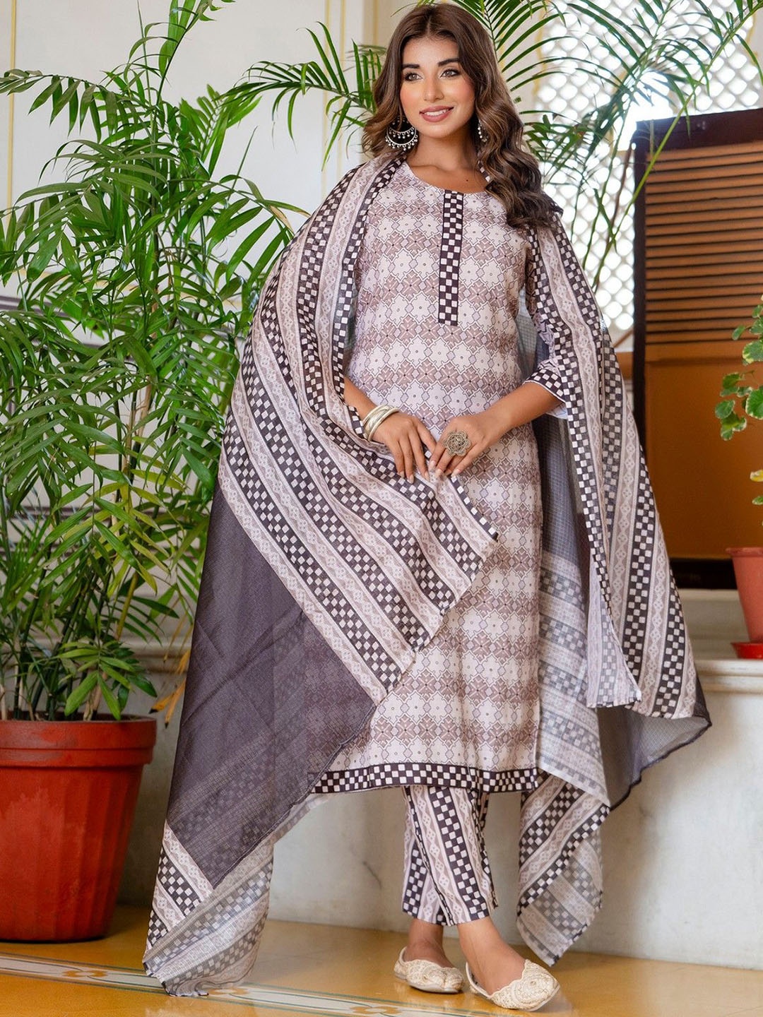 

KALINI Floral Printed Straight Kurta With Trouser & Dupatta, Beige