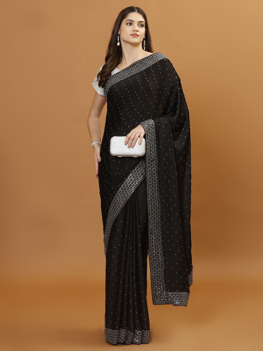 

Meena Bazaar Embellished Beads and Stones Saree, Black