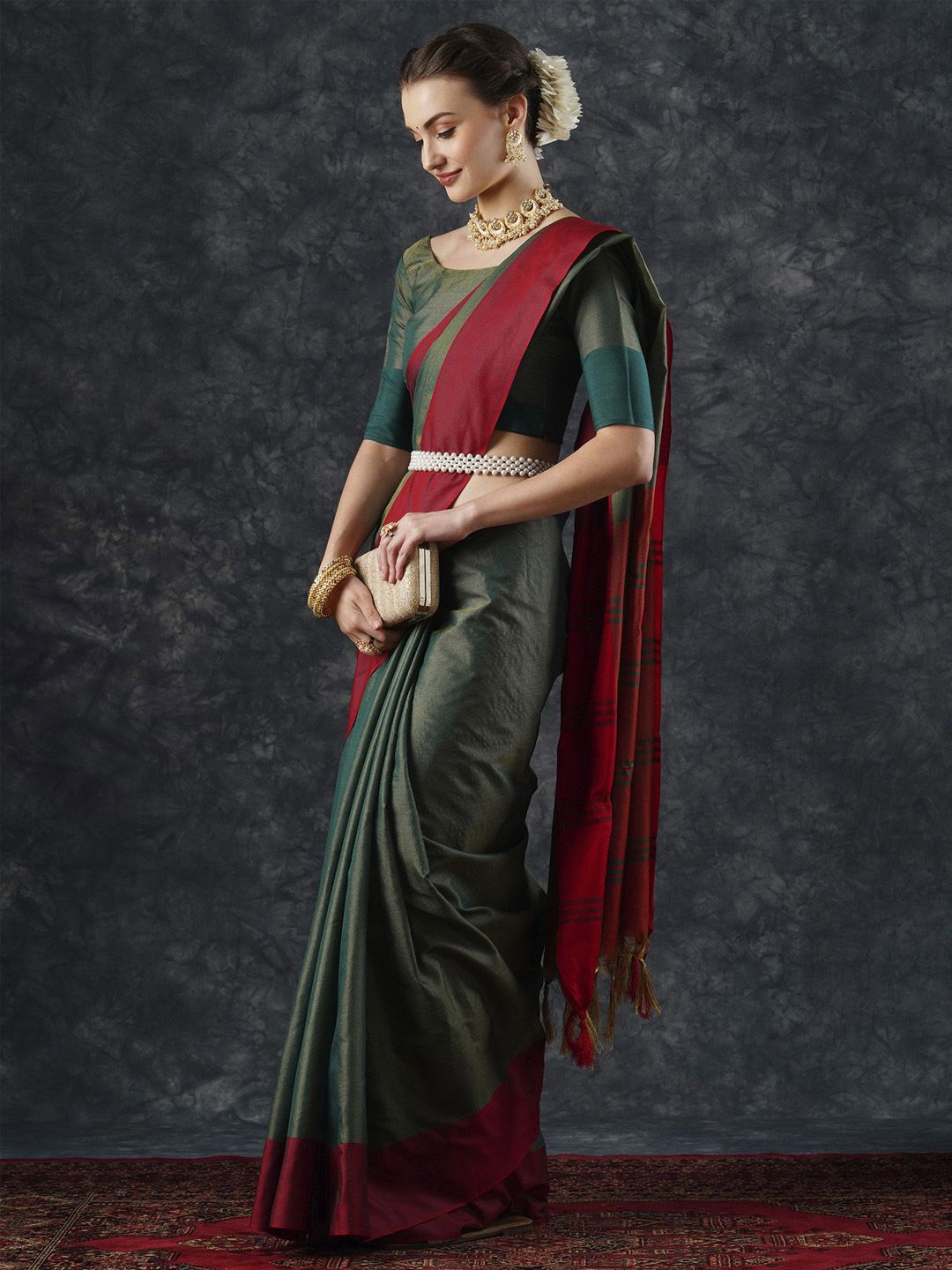 

KALINI Ethnic Woven Design Festive Wear Saree with Matching Blouse, Green