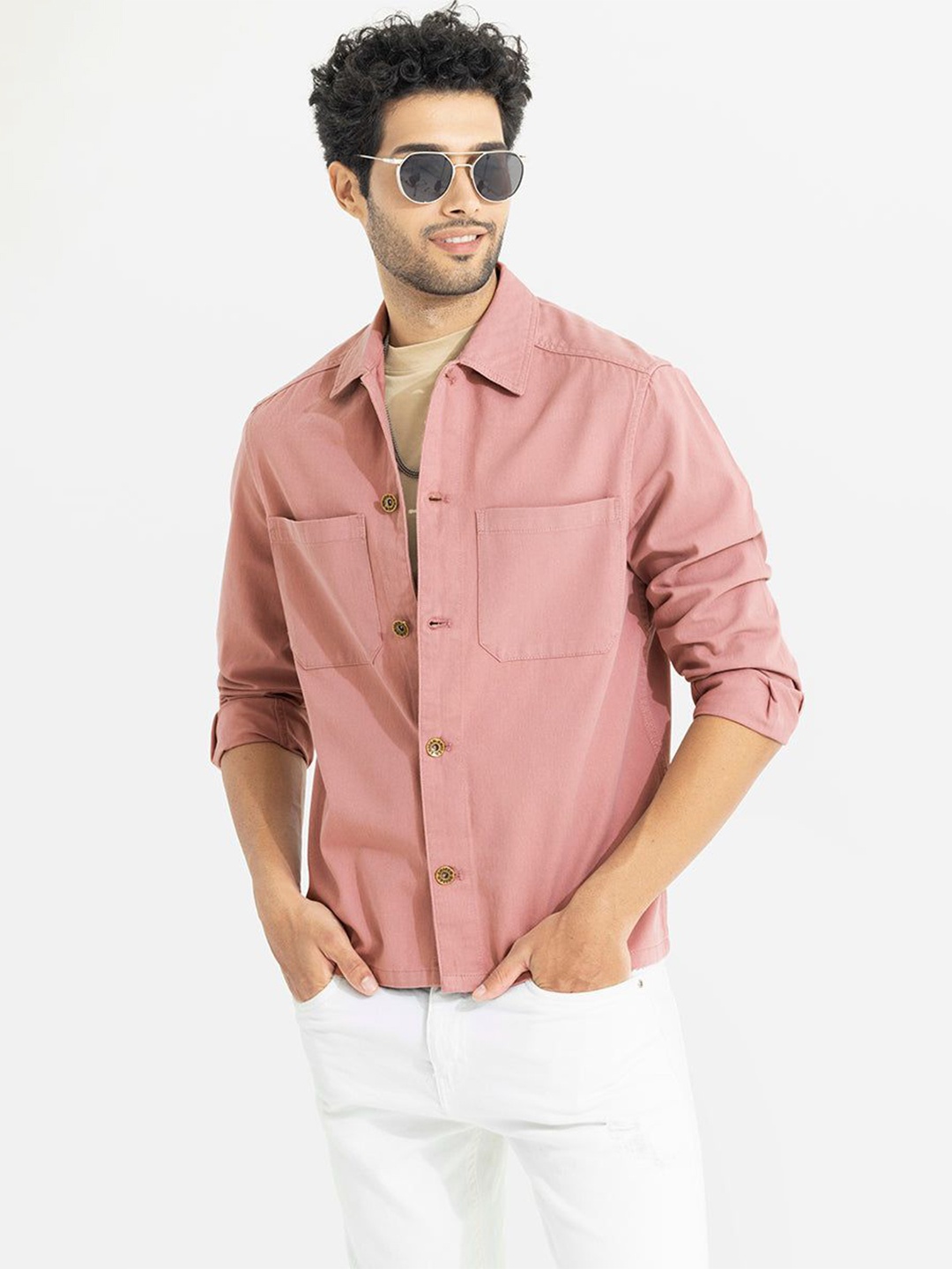 

Snitch Men New Spread Collar Solid Cotton Casual Shirt, Peach