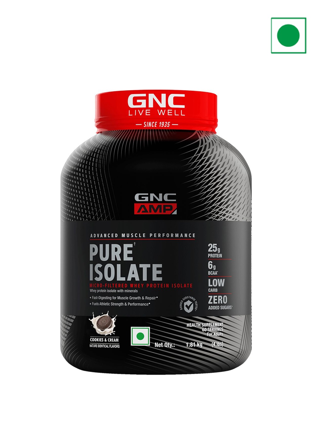 

GNC AMP Pure Isolate Powder- 1.82 kg- Cookies & Cream, Black