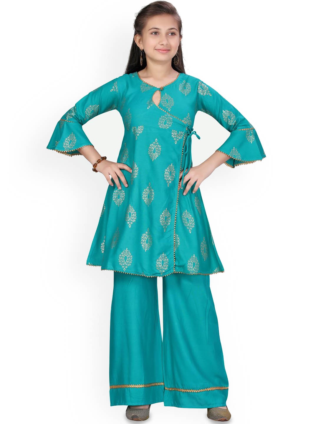 

BAESD Girls Pure Cotton Ethnic Motifs Printed Kurti & Palazzos, Green