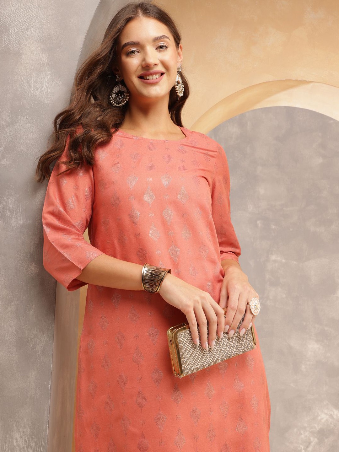 

Anouk Women Ethnic Motifs Printed Regular Kurta with Palazzos, Peach