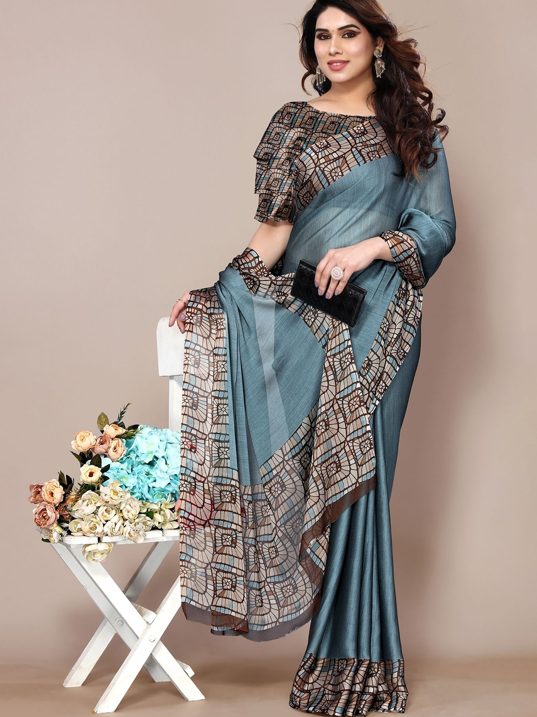 

KALINI Geometric Printed Saree, Blue