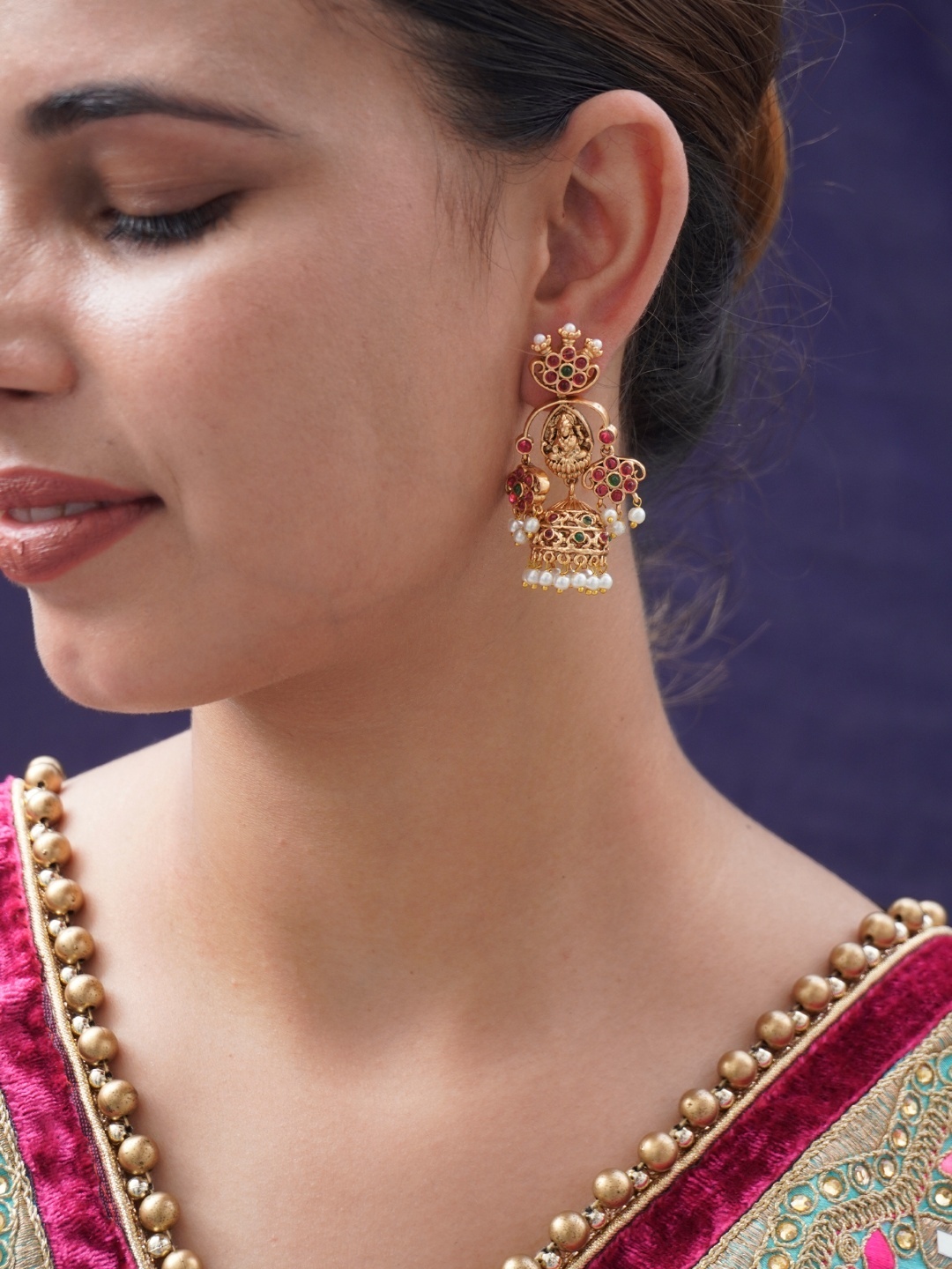 

Niscka 24K Gold Plated Stone Studded & Beaded Dome Shaped Temple Jhumkas