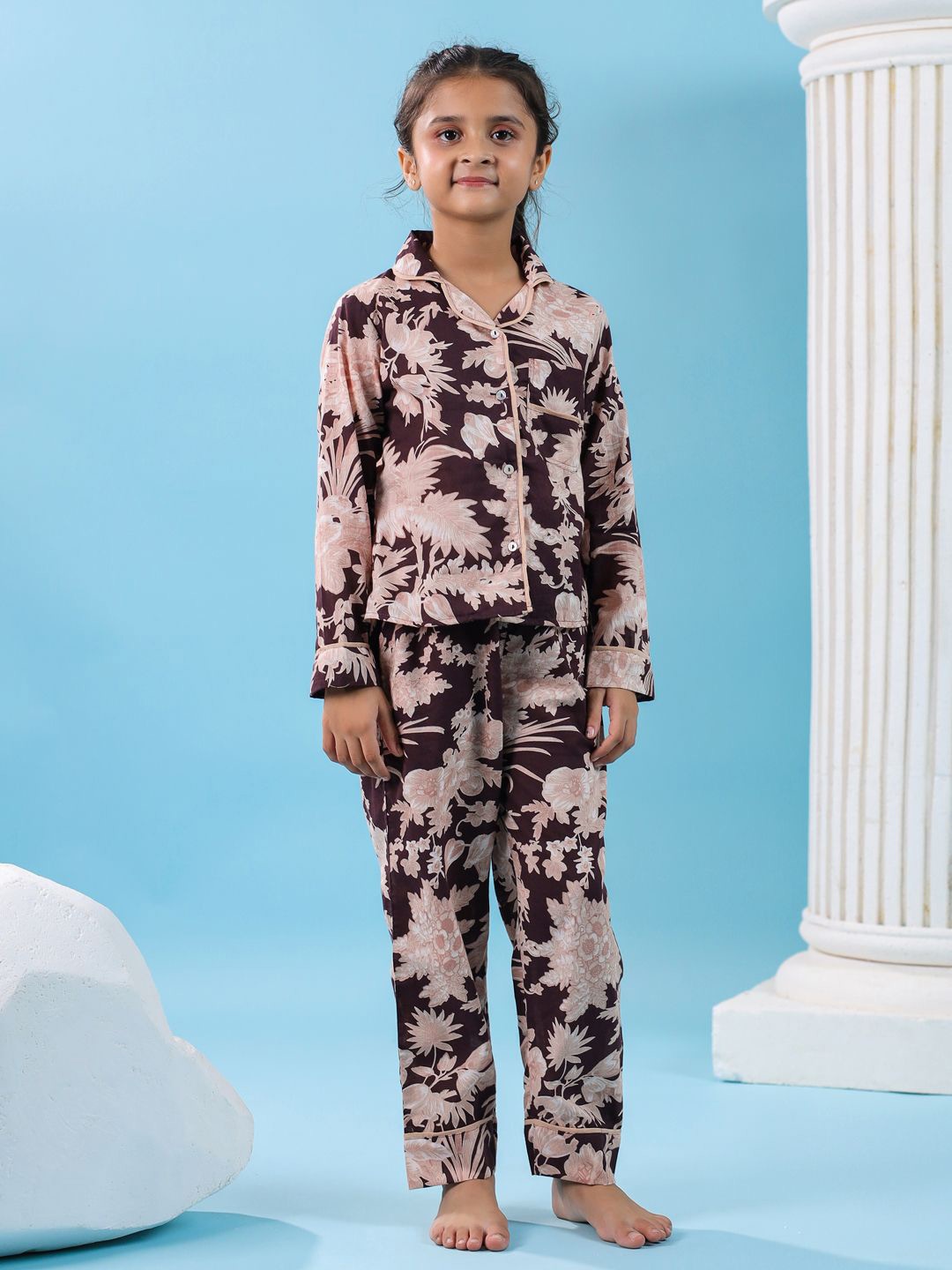 

SANSKRUTIHOMES Girls Pure Cotton Floral Printed Night suit, Brown
