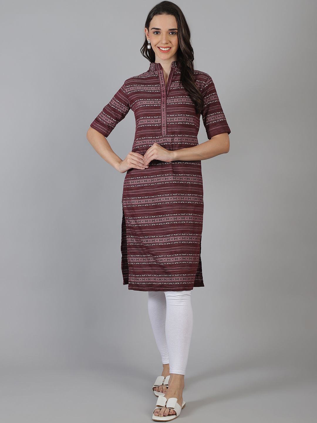 

Enchanted Drapes Women Geometric Thread Work Kurta, Burgundy