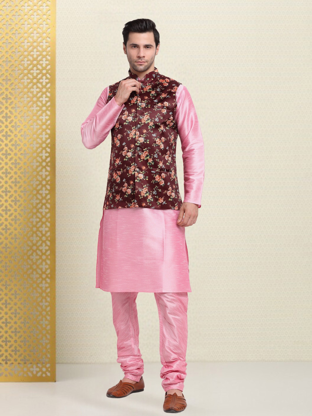 

KRAFT INDIA Men Regular Kurta & Churidar with Nehru Jacket Set, Pink