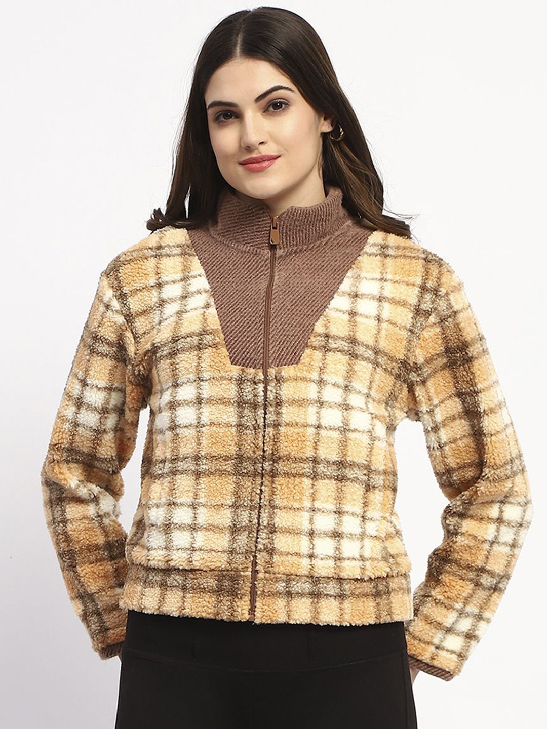 

Madame Women Checked Mock Collar Cotton Front-Open Sweatshirt, Brown