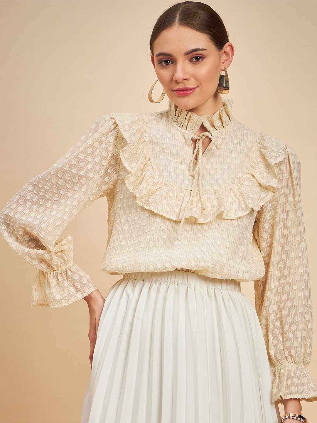 

MINT STREET Women Tie-Up Neck Top, Beige