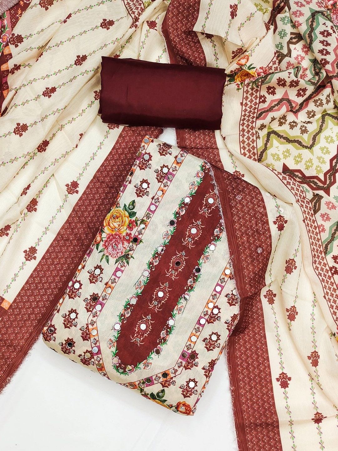 

KALINI Printed Unstitched Dress Material, Maroon