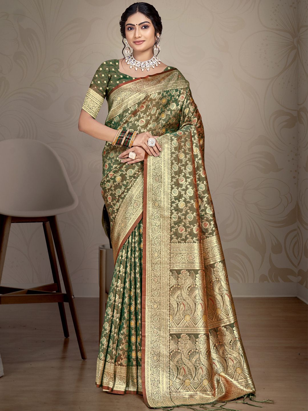 

SANGAM PRINTS Woven Design Ethnic Motifs Zari Silk Blend Tussar Saree, Olive