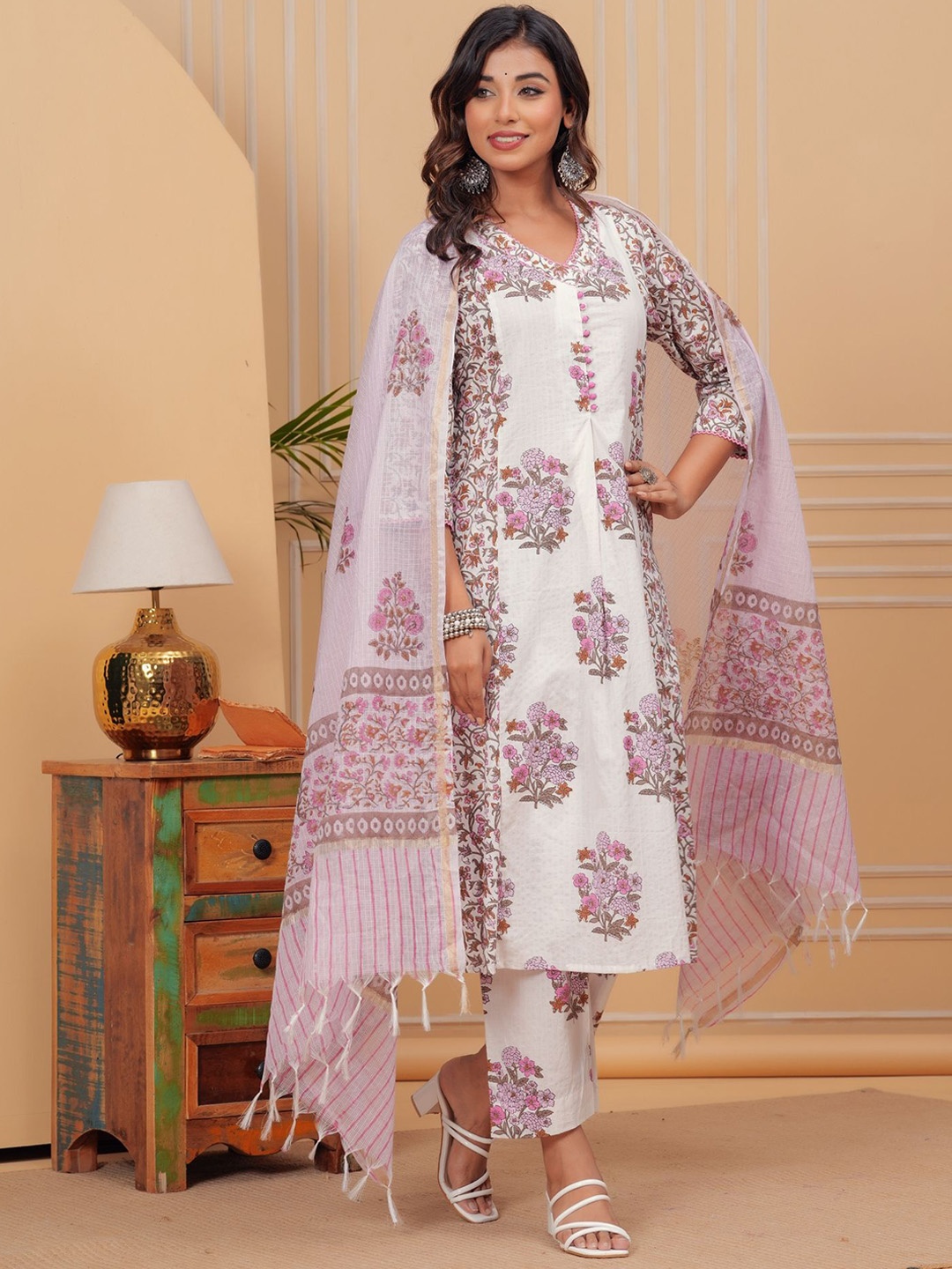 

KALINI Women Floral Printed Regular Thread Work Pure Cotton Kurta &Trousers With Dupatta, Pink
