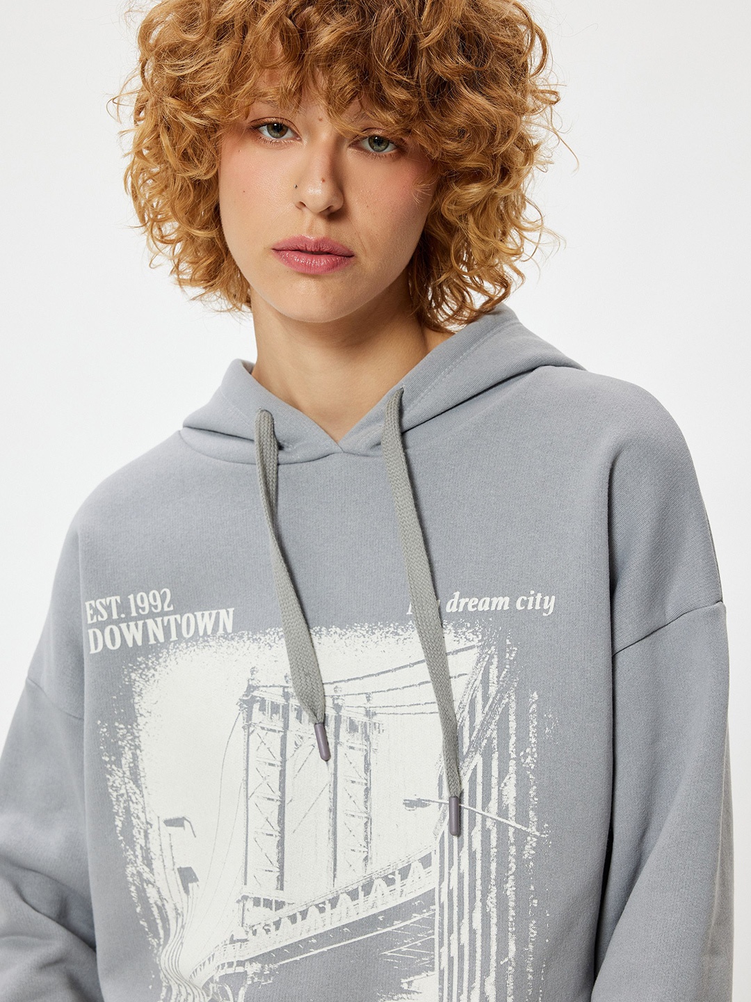 

Koton Women Graphic Printed Hooded Pullover Sweatshirt, Grey