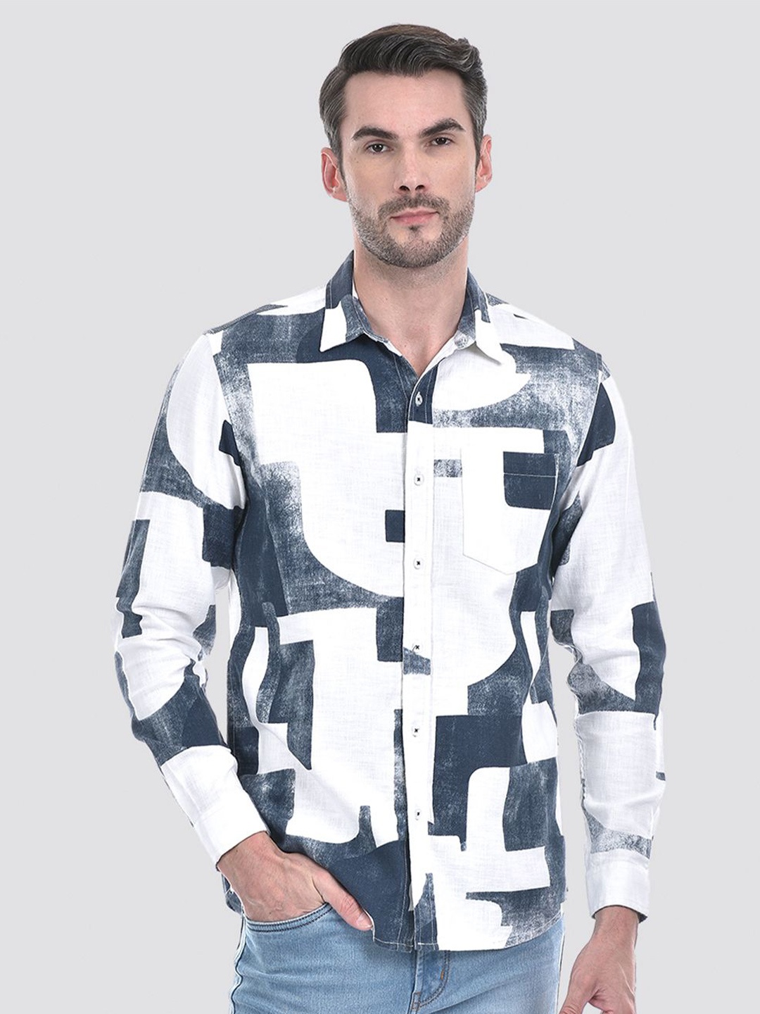 

Numero Uno Men Abstract Printed Spread Collar Cotton Casual Shirt, White