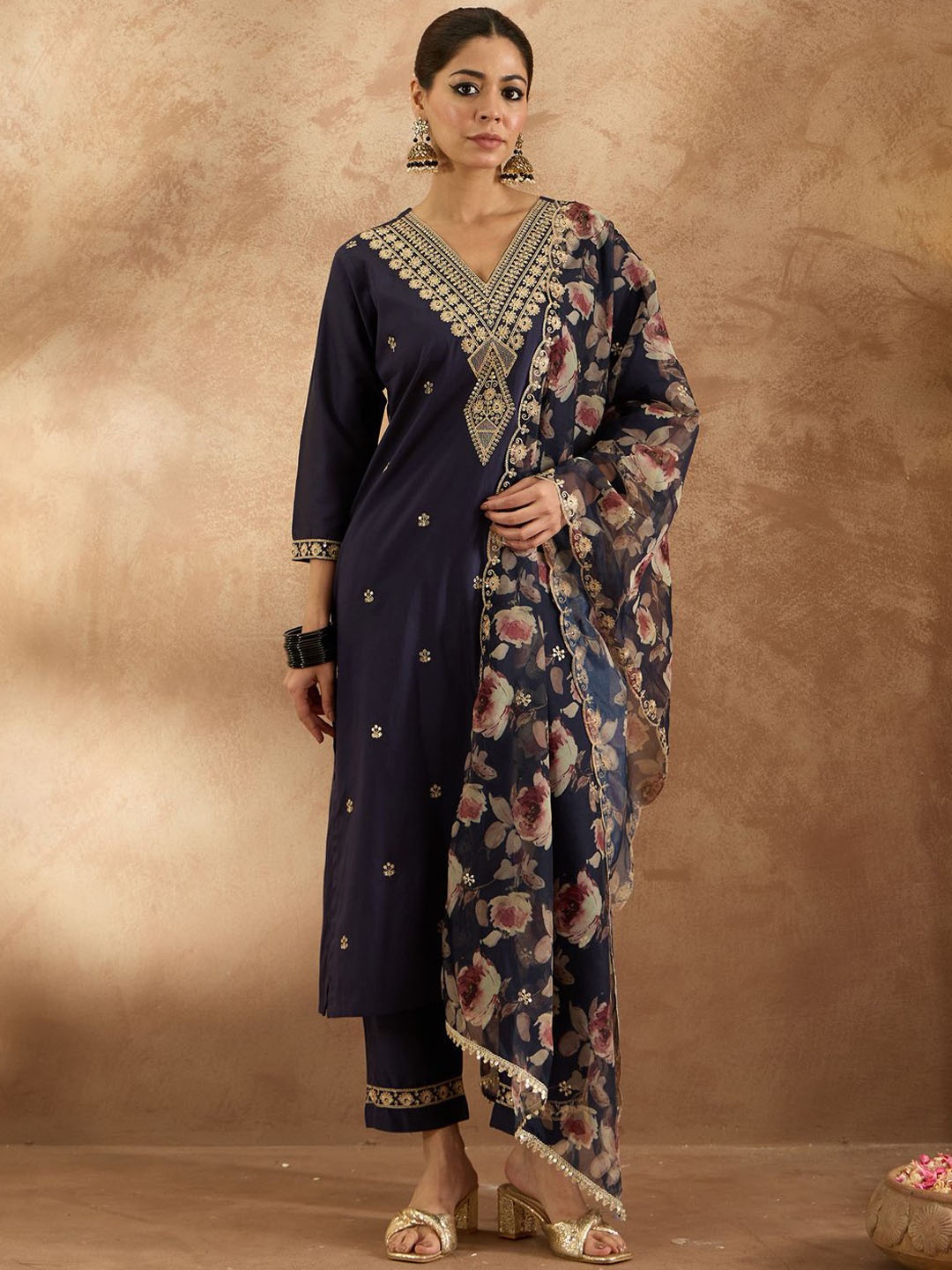 

Indo Era Women Ethnic Motifs Embroidered Regular Kurta with Trousers & With Dupatta, Navy blue