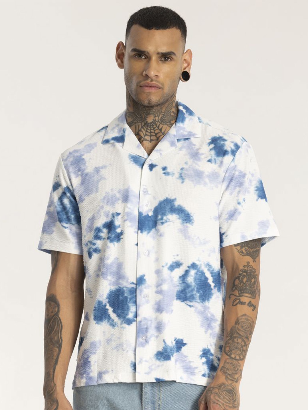 

Snitch Men New Cuban Collar Abstract Printed Casual Shirt, White