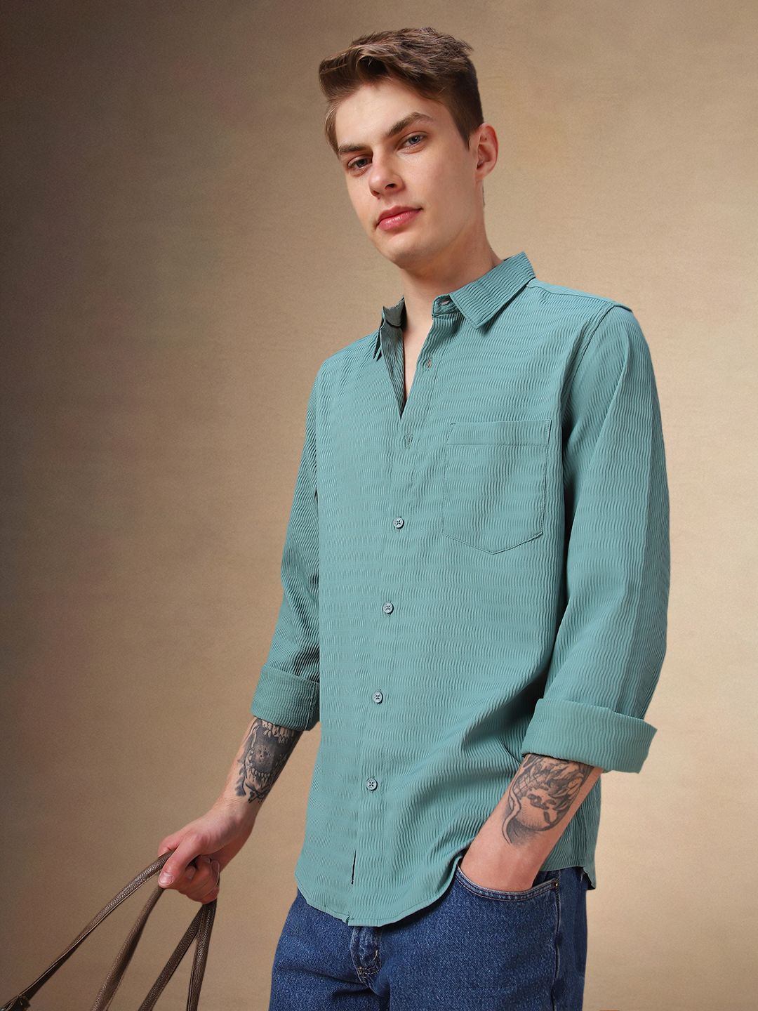 

Dennis Lingo Men Spread Collar Textured Cotton Casual Shirt, Green