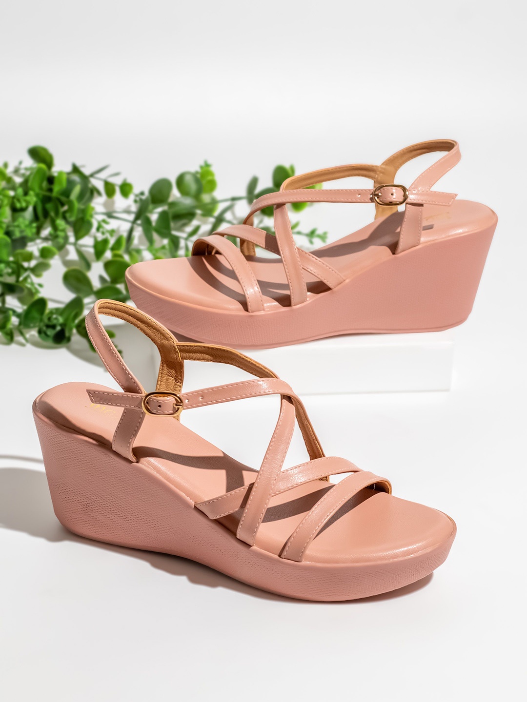 

Inc 5 Women Solid Striped Wedge Sandals Heel With Buckles, Peach