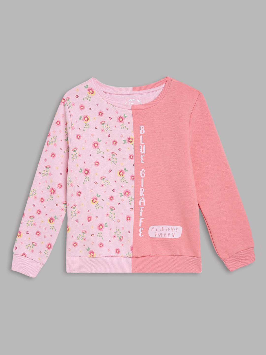 

Blue Giraffe Girls Floral Printed Round Neck Cotton Pullover Ribbed Sweatshirt, Pink