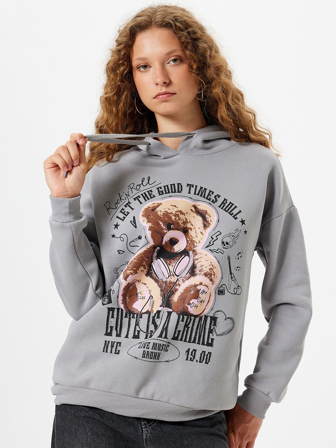 

Koton Women Graphic Printed Hood Pullover Sweatshirt, Grey