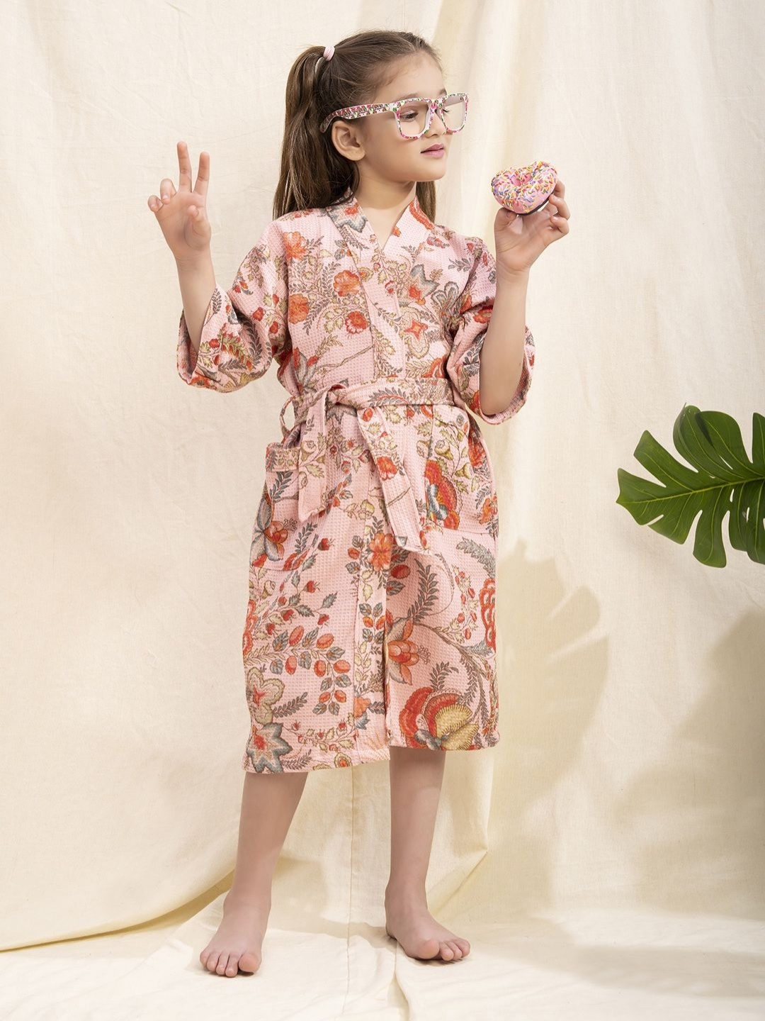 

LacyLook Girls Pink and Orange-Coloured Floral Printed Pure Cotton Waffle Bathrobe