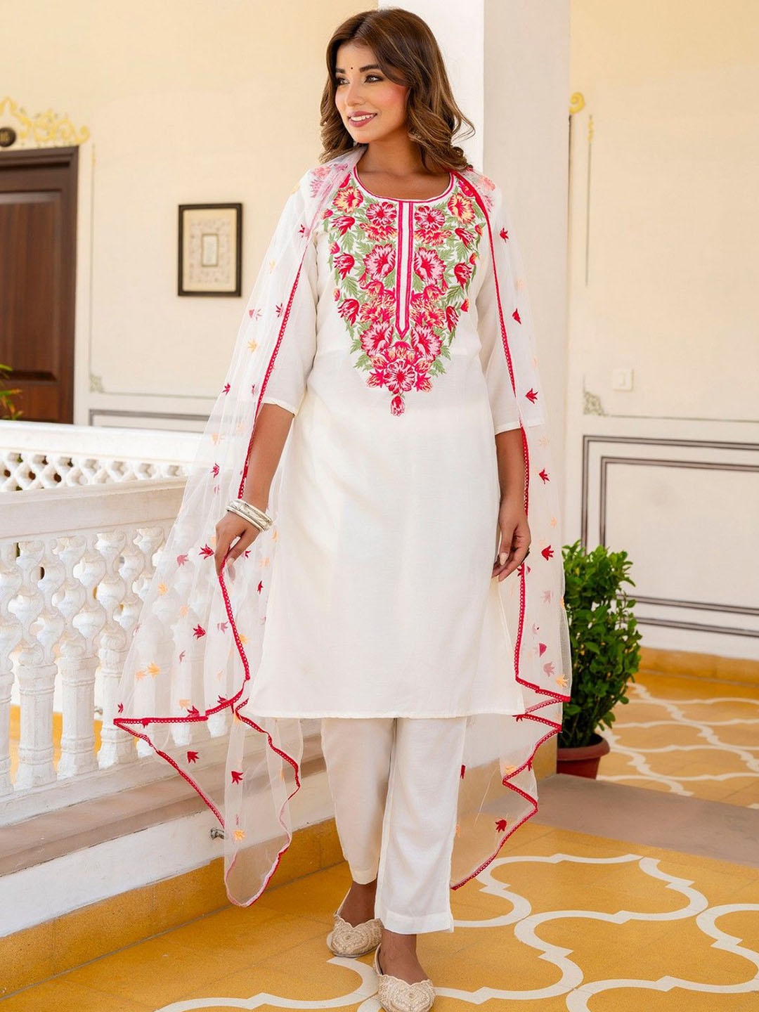 

KALINI Women Floral Embroidered Regular Thread Work Kurta with Trousers & With Dupatta, White