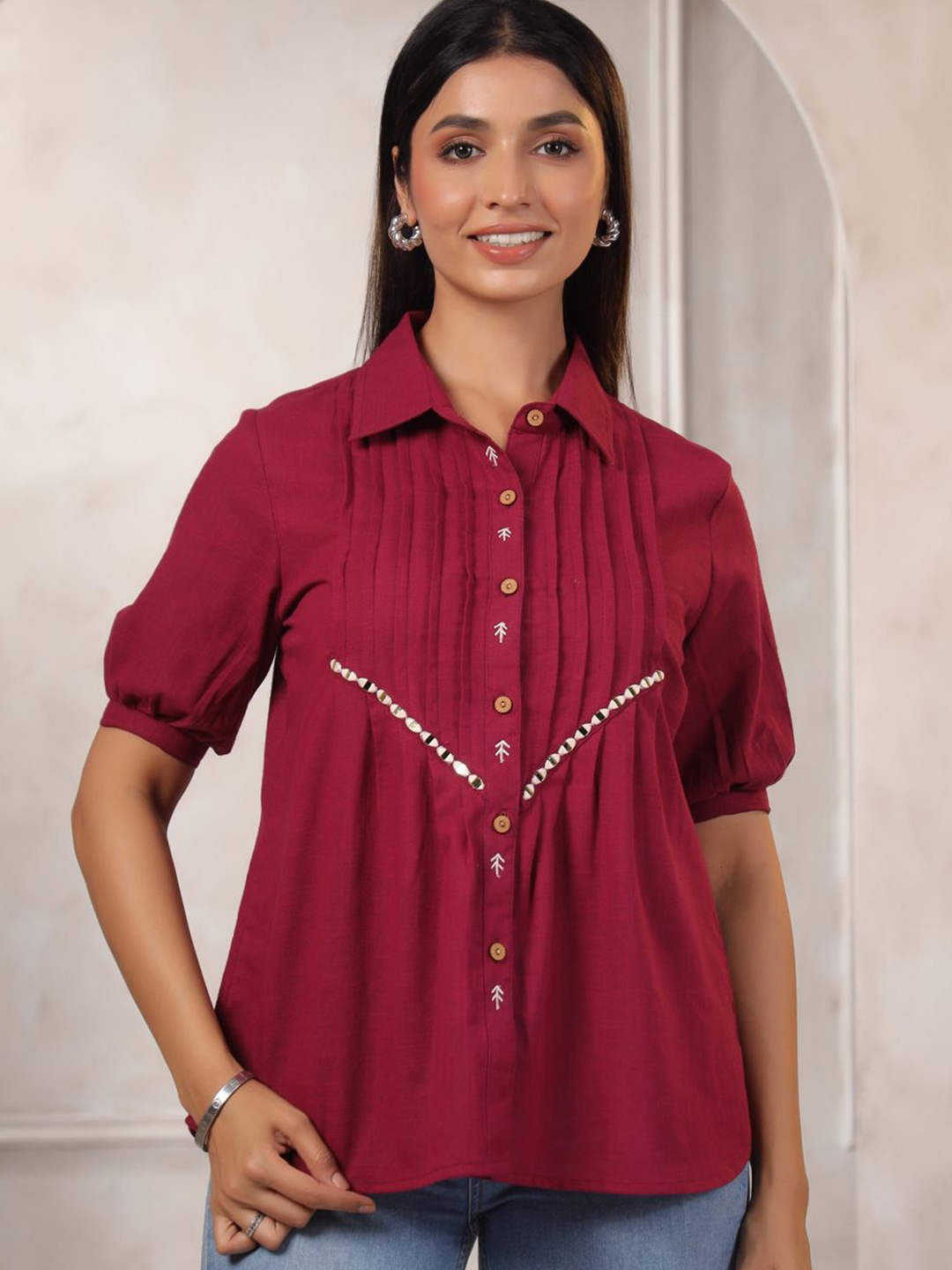 

LYFJ Women Solid Shirt Collar Cotton Top, Burgundy