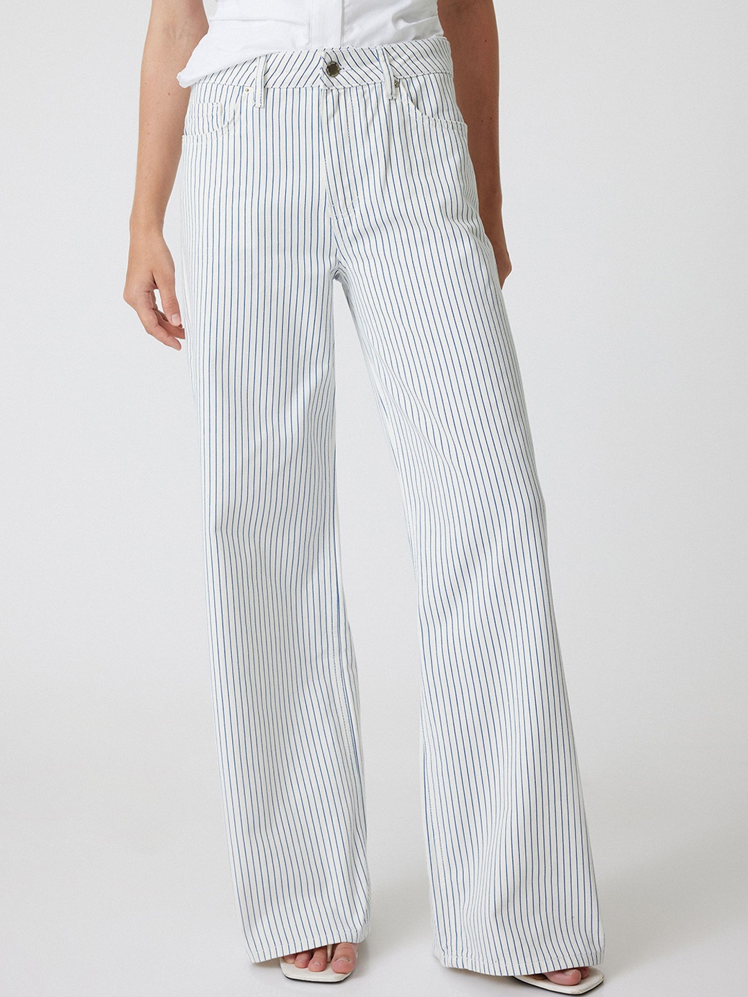 

Koton Women Striped Mid-Rise Parallel Trousers, Navy blue