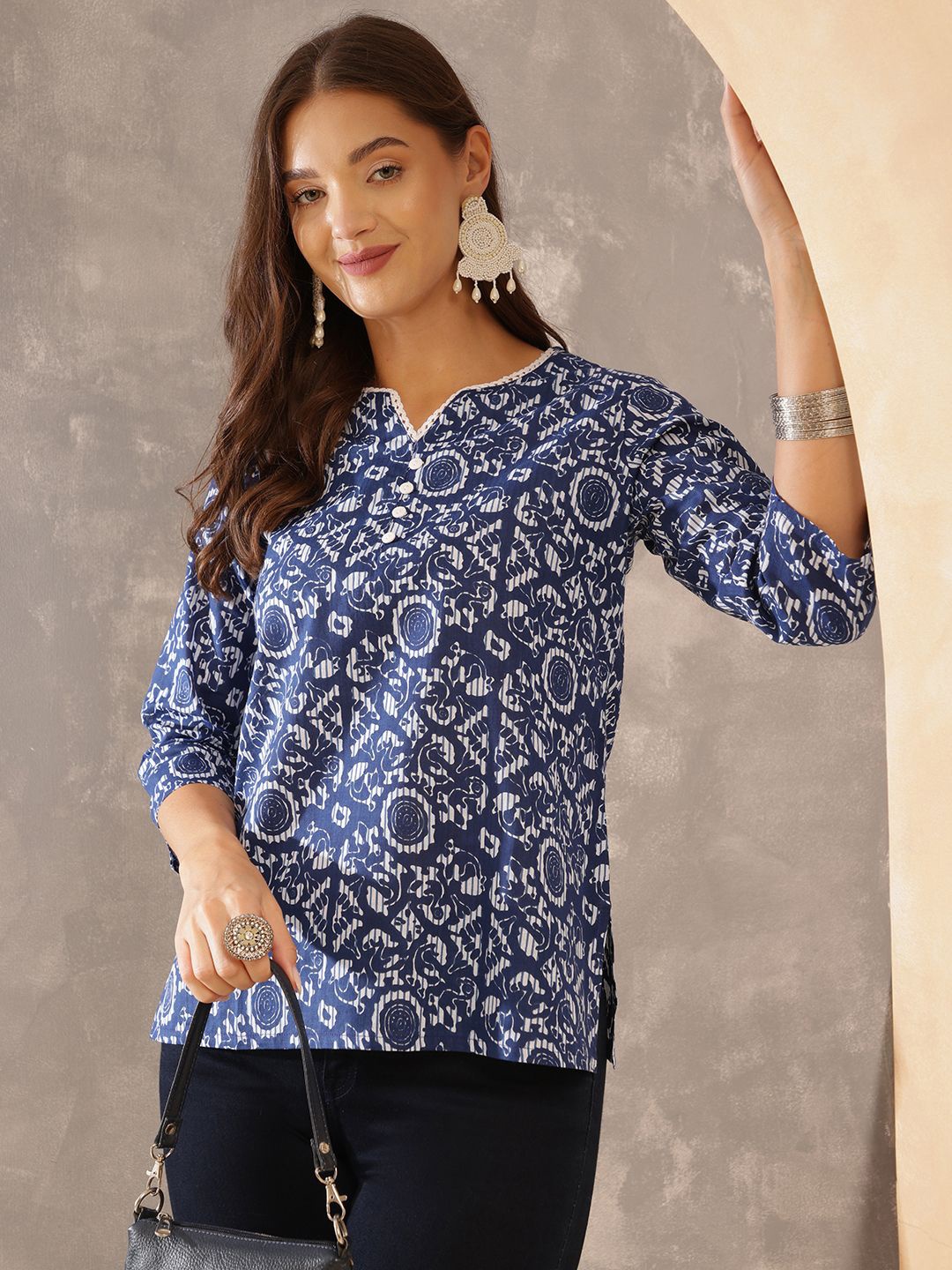 

Anouk Rustic Women Ethnic Motifs Printed Round Neck Cotton Top, Navy blue