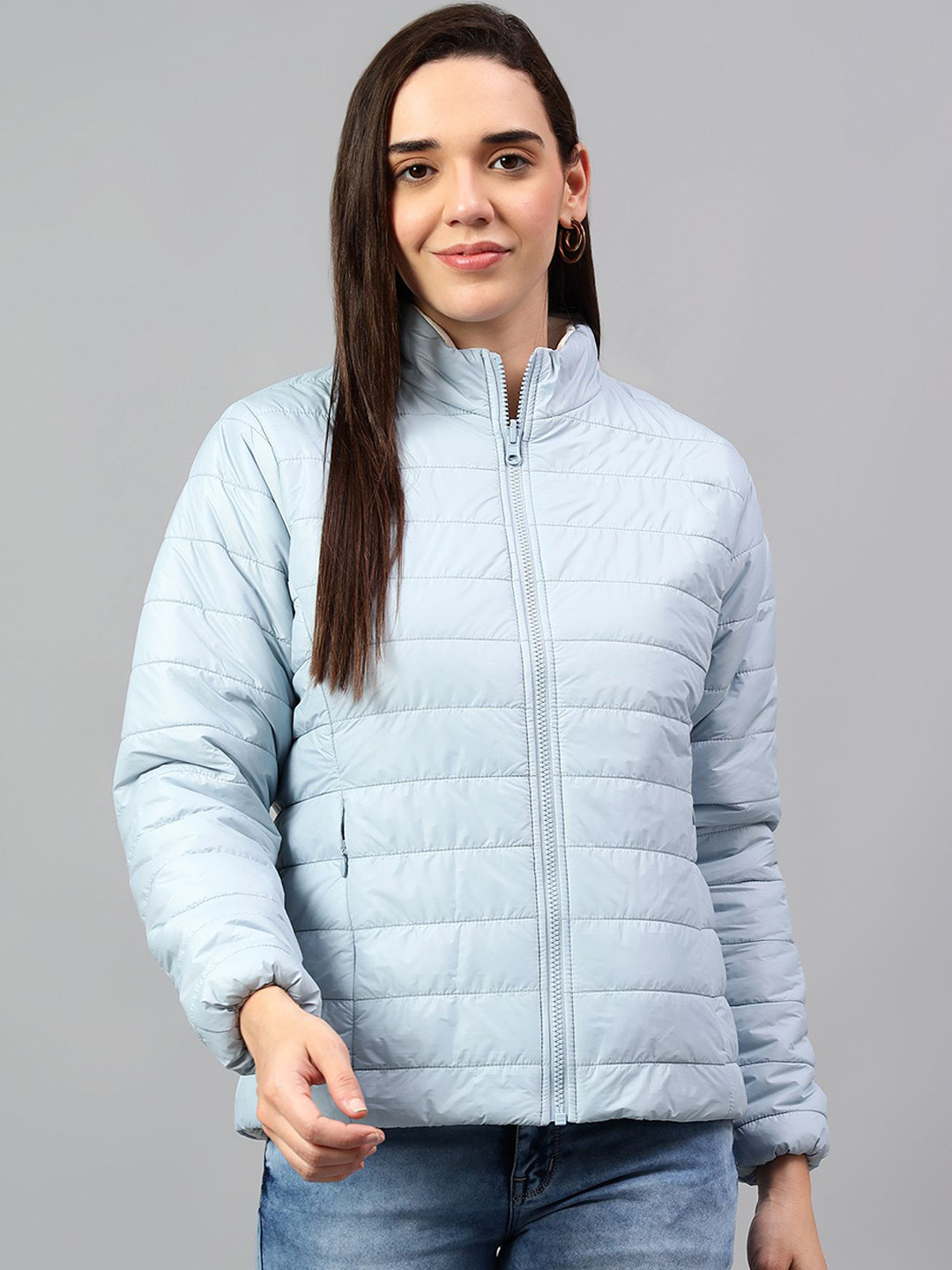 

Cantabil Women Mock Collar Reversible Jacket, Blue