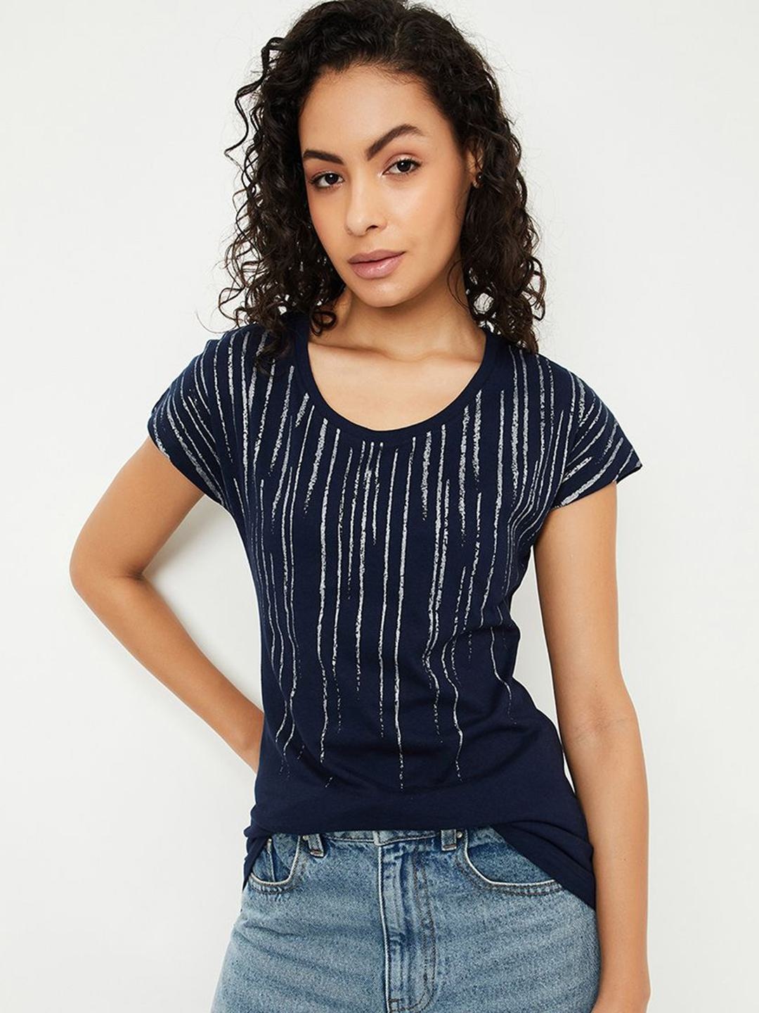 

max Women Striped Round Neck Cotton T-shirt, Navy blue