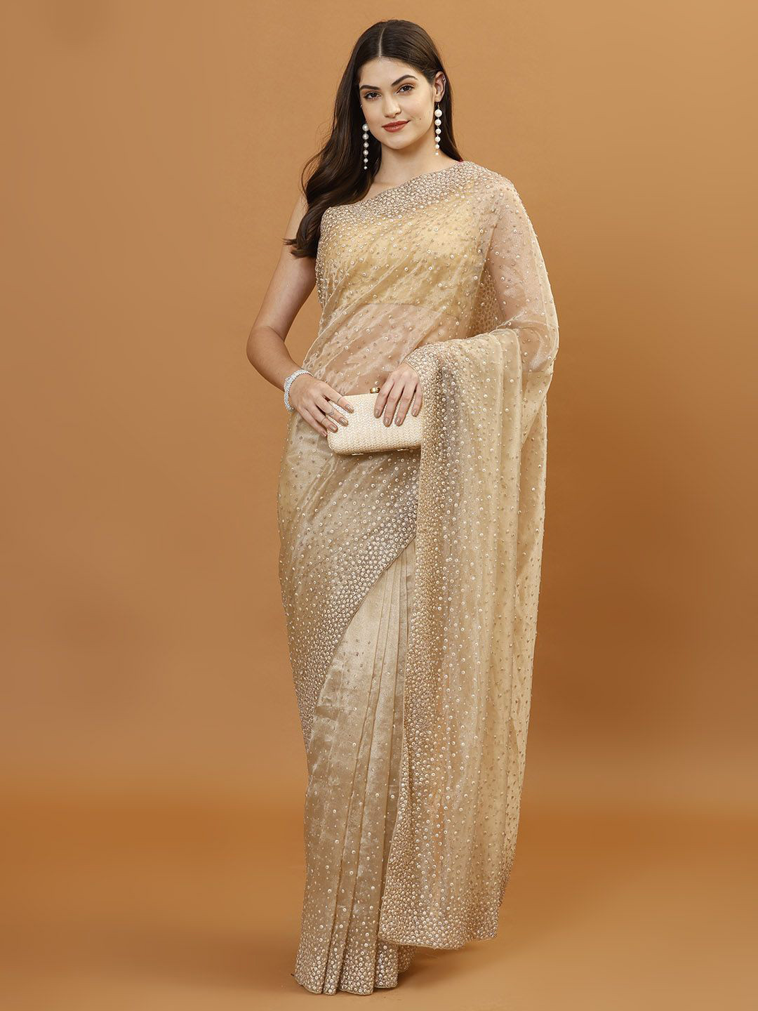 

Meena Bazaar Embellished Beads and Stones Tissue Saree, Gold