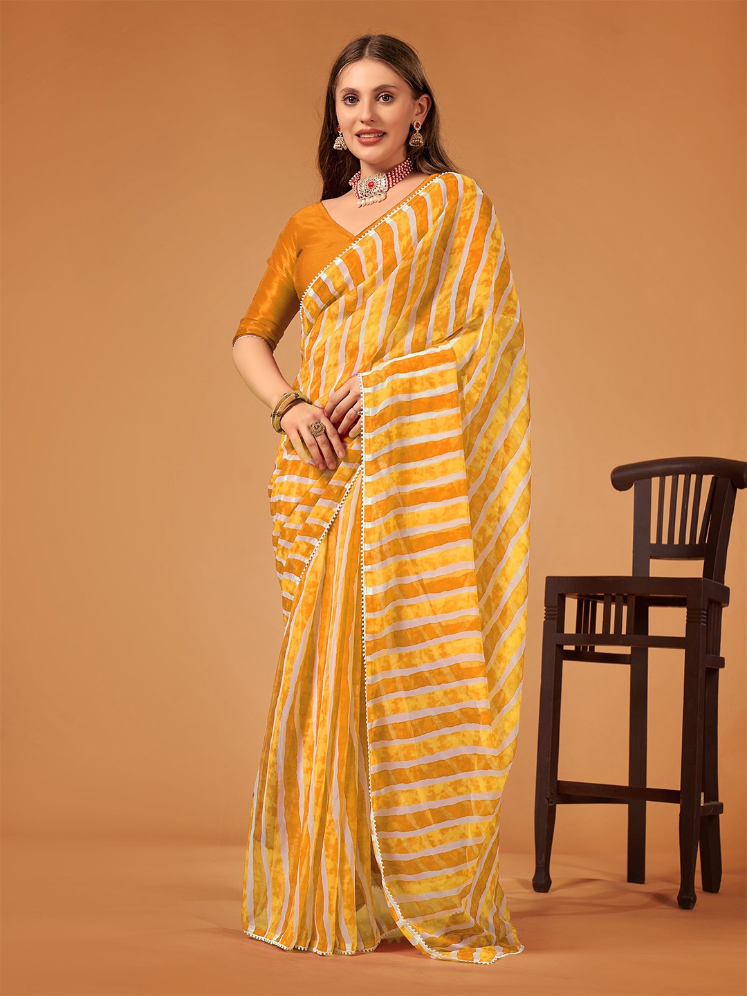 

Flip The Style Leheriya Printed Pure Georgette Ready to Wear Leheriya Saree, Yellow