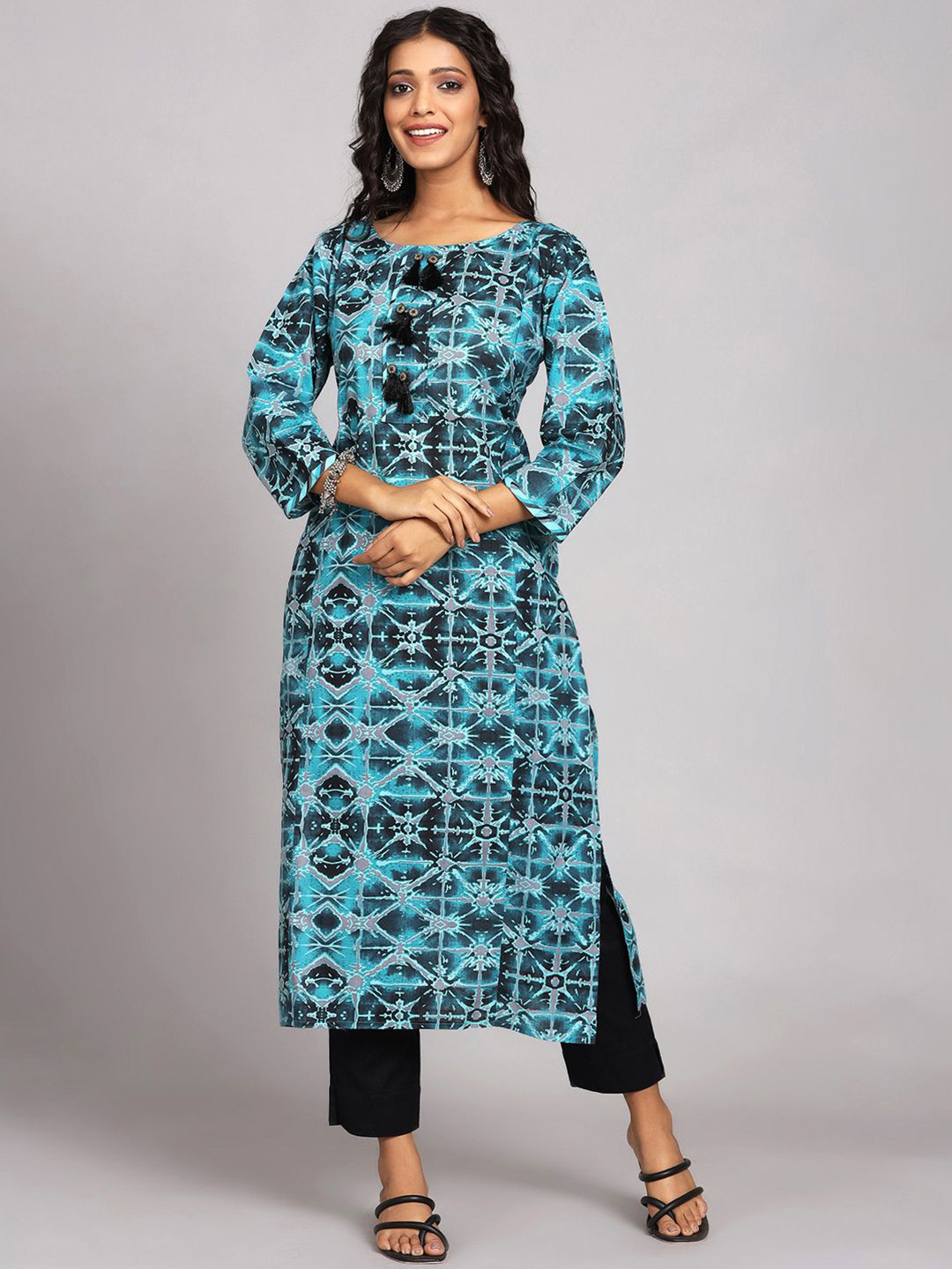 

Chandbaali Women Pure Cotton Boat Neck Printed Straight Kurta, Blue